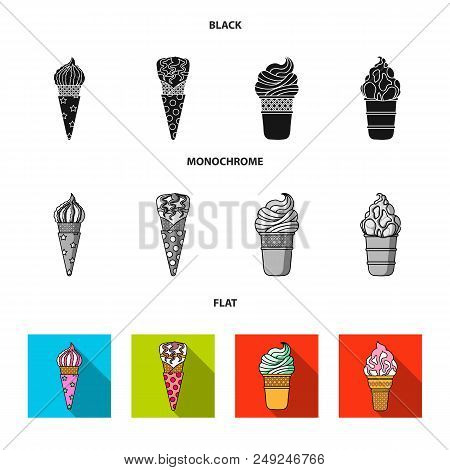 Ice Cream On A Stick, In A Waffle Cone And Other Species. Ice Cream Set Collection Icons In Black, F