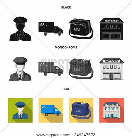 The Postman In Uniform, Mail Machine, Bag For Correspondence, Postal Office.mail And Postman Set Col