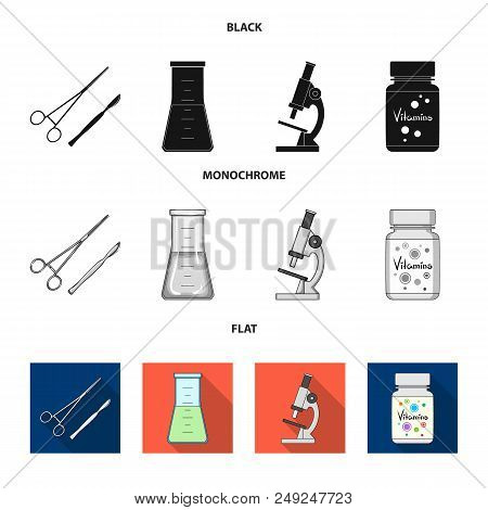 A Bank Of Vitamins, A Flask With A Solution And Other Equipment.medicine Set Collection Icons In Bla