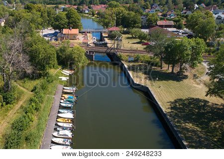 Norsholm, Sweden - July 5, 2018: Aerial View From The West Of Norsholm Lock Area Serving The Gota Ca