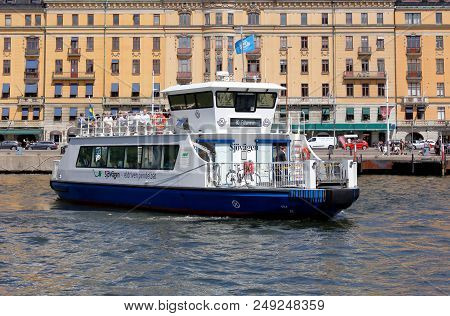 Stockholm, Sweden - July 12, 2018: The Electric Powered Shuttle Public Transportation Ferry Sjovagen