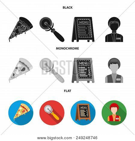 A Pizza Cutter, A Slice, A Menu In A Pizzeria, A Courier. Pizza And Pizzeria Set Collection Icons In