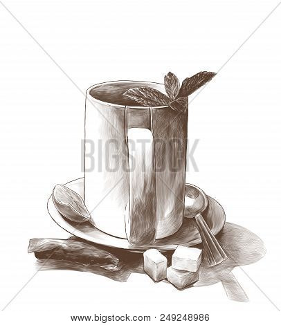 Tea Cup With Mint Leaves On A Saucer With A Teaspoon Next To A Tea Bag