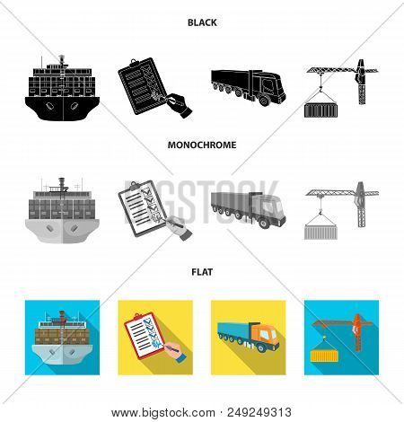 Sea Freight, Signature Of Delivery Documents, Truck, Tower Crane With A Container. Logistics And Del