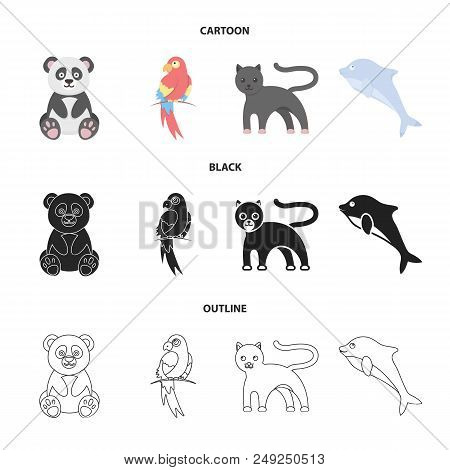 Panda.popugay, Panther, Dolphin.animal Set Collection Icons In Cartoon, Black, Outline Style Vector 