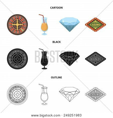 Roulette, A Glass With A Drink, A Diamond, A Sign With The Inscription Casino. Casino And Gambling S