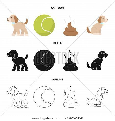 Dog Sitting, Dog Standing, Tennis Ball, Feces. Dog Set Collection Icons In Cartoon, Black, Outline S