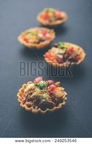 Crispy Canape Or Canapé Is A Starter Recipe From India - Round Or Square Shaped Puri Filled With Yog