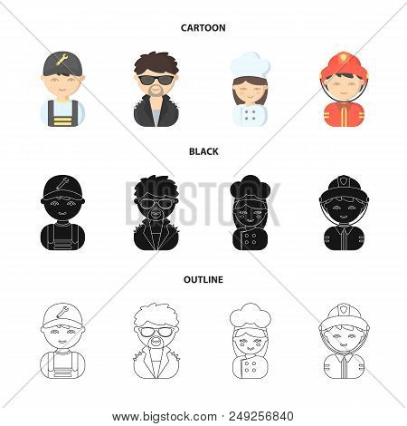 Mechanic, Entertainer, Cook, Fireman.profession Set Collection Icons In Cartoon, Black, Outline Styl