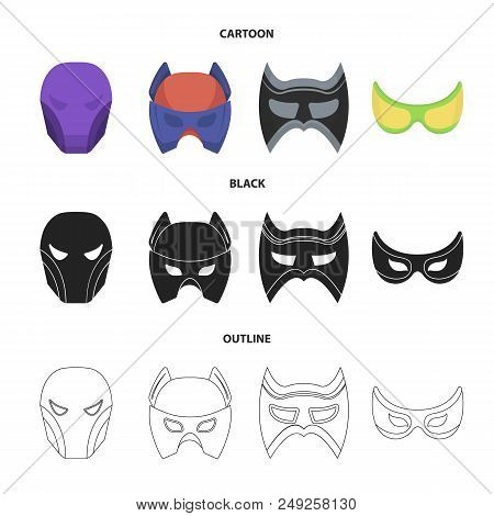 Mask On The Head And Eyes. Super Hero Mask Set Collection Icons In Cartoon, Black, Outline Style Vec