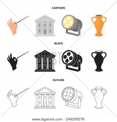 Conductor Baton, Theater Building, Searchlight, Amphora.theatre Set Collection Icons In Cartoon, Bla