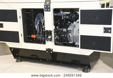 Close Up On Diesel Generator With Open Dooors