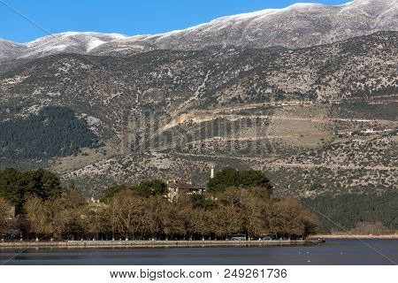 Amazing Winter Landscape Of Lake Pamvotida And Pindus Mountain From City Of Ioannina, Epirus, Greece