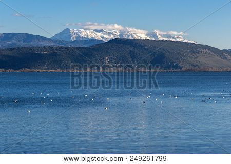 Amazing Winter Landscape Of Lake Pamvotida And Pindus Mountain From City Of Ioannina, Epirus, Greece