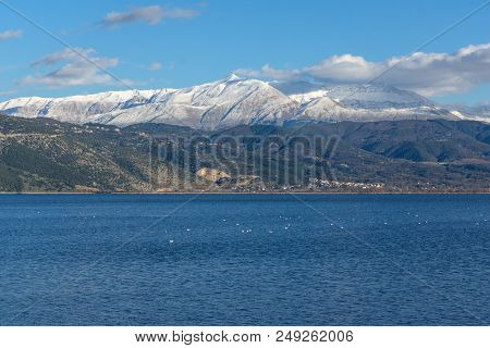 Amazing Winter Landscape Of Lake Pamvotida And Pindus Mountain From City Of Ioannina, Epirus, Greece