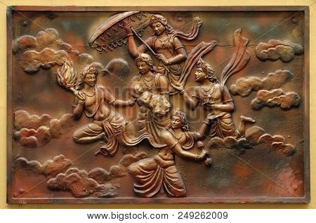 KOLKATA,INDIA - FEBRUARY 09: Janmakalyanaka: Birth celebration of Indra carrying Bhagavan to Mount Meru(Incident-2), relief on the wall of Jain Temple (also called Parshwanath Temple) in Kolkata.