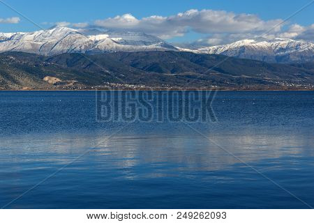 Amazing Winter Landscape Of Lake Pamvotida And Pindus Mountain From City Of Ioannina, Epirus, Greece