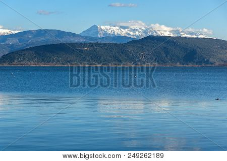 Amazing Winter Landscape Of Lake Pamvotida And Pindus Mountain From City Of Ioannina, Epirus, Greece