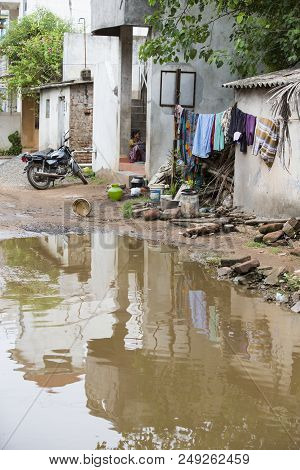Flooded Road During Heavy Rain Showers In Puducherry, Tamil Nadu India