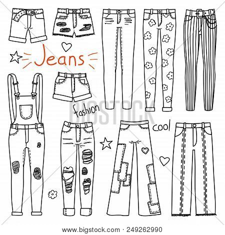 Set Of Hand Drawn Women Clothes. Jeans. Fashion Collection. Black And White Doodle Illustration.