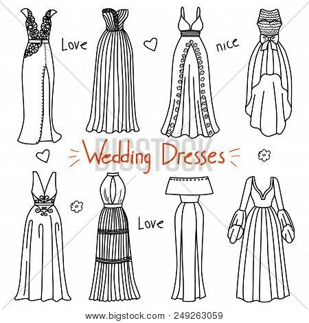 Set Of Hand Drawn Women Clothes. Wedding Dresses. Fashion Collection. Black And White Doodle Illustr