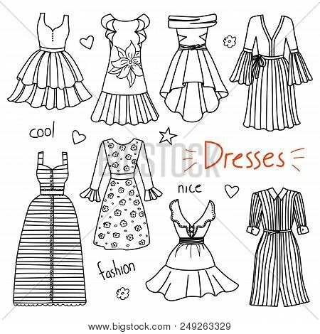 Set Of Hand Drawn Women Clothes. Dresses. Fashion Collection. Black And White Doodle Illustration.