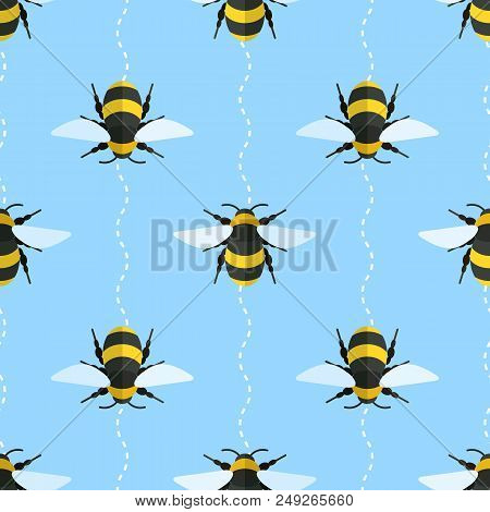 Vector Seamless Pattern With Bees And Wavy Lines On Blue Background