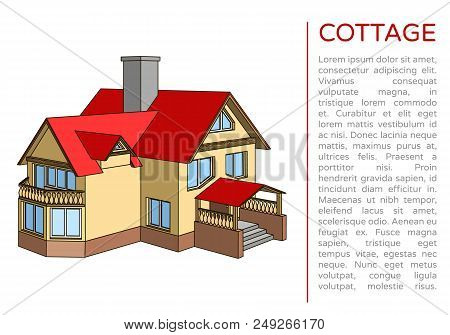 Poster With 3d Two-storied Cottage This Red Roof And A Place For Text. Architectural Construction In