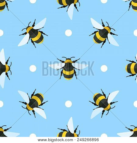 Vector Seamless Pattern With Bees And Circles On Blue Background