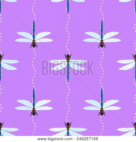 Vector Seamless Pattern With Dragonflies And Wavy Lines On Lilac Background