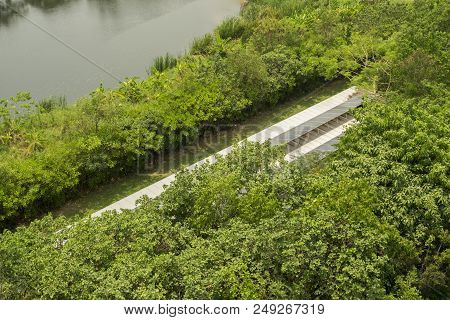 Solar Module In The Parks Outdoor. Photovoltaics Module In The Green Environment.
