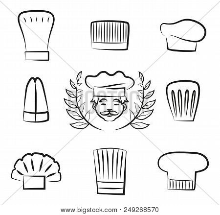 Set Of Chef Hats With Cook Man Dressed In White Uniform Headwear, Draft With Laurel Branches, Sketch