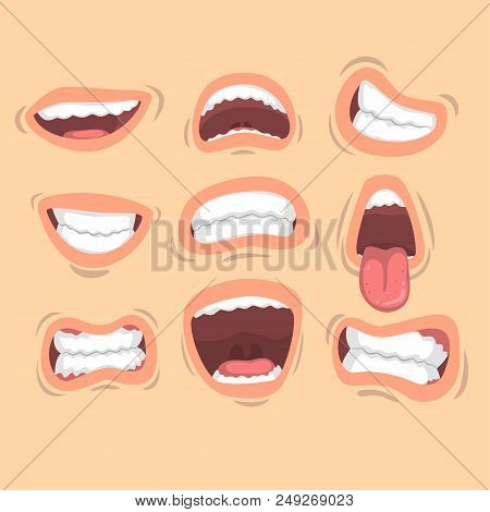 Set Of Male Mouths With Different Emotions. Smile, Sticking Out Tongue, Anger, Happiness. Cartoon St