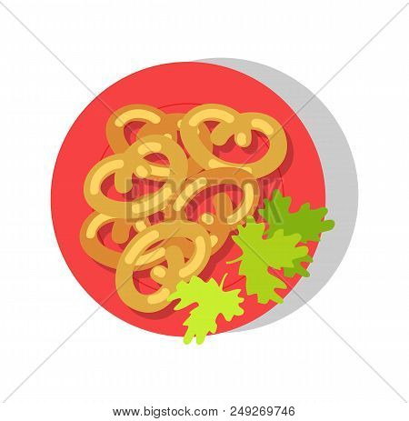 Delicious Brezel On Round Plate Colorful Banner, Vector Illustration, Parsley Salad Leaves, Tasty Br