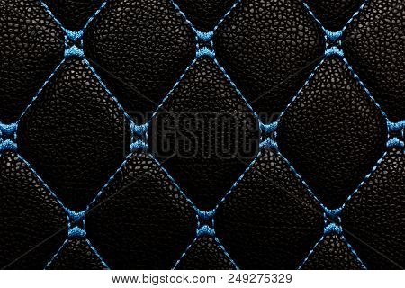 Black Leather With Blue Stich, Black And Blue Leather Texture Background.