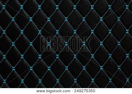 Black Leather With Blue Stich, Black And Blue Leather Texture Background.