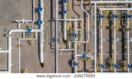 Aerial Top View Natural Gas Pipeline, Gas Industry, Gas Transport System, Stop Valves And Appliances
