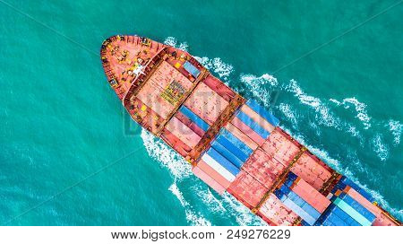 Aerial Top View Container Cargo Ship, Business Import Export Logistic And Transportation Of Internat