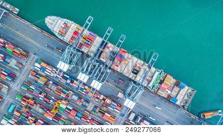 Aerial Top View Container Cargo Ship, Business Import Export Logistic And Transportation Of Internat