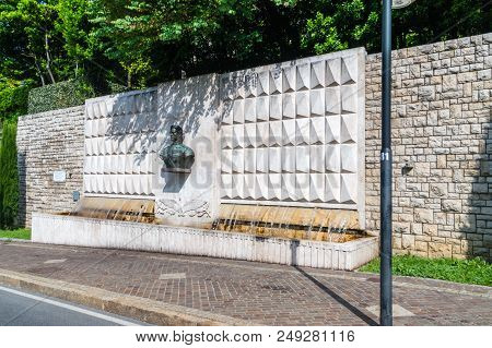 Bergamo, Italy - May 30, 2018: Fountain To Italian Aviator And Journalist Antonio Locatelli.