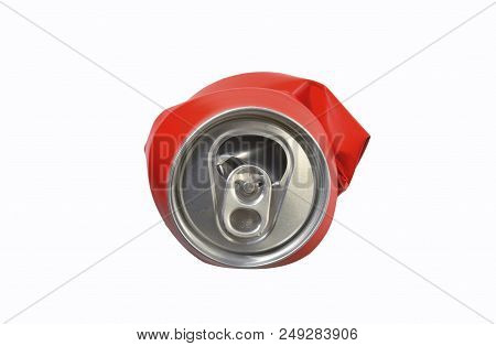 Red Aluminum Can Flattened On White Background