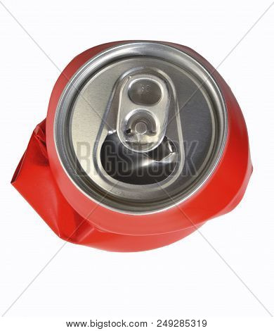 Red Aluminum Can Flattened On White Background