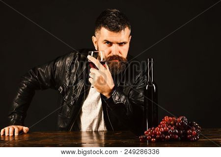 Sommelier Tastes Expensive Drink. Winetasting And Degustation Concept. Man With Beard Holds Glass Of