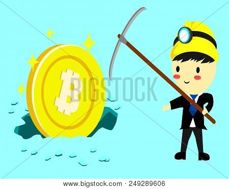 Businessman Standing With Big Coin,cartoon Style,cryptocurrency Concept