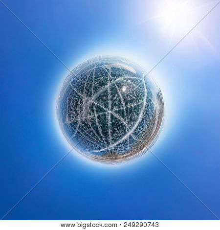 Ice Sphere Covered With Cracks. Lake Baikal. Tiny Planet 360 Panorama.