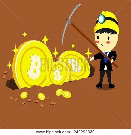 Businessman Standing With Big Coin,cartoon Style,cryptocurrency Concept