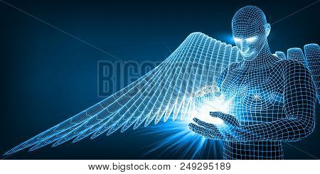 The Angel Of Artificial Intelligence Keeping In Hands Future Of Humanity. Blue Version. Suitable For