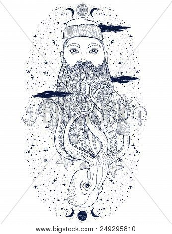 Hand Drawn Vintage Hipster Sailor Beard Portrait. Old Tatoo Seaman. Man Is An Ideal Art For Print,co