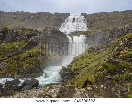 Dynjandi Waterfall, Biggest In West Fjords Of Iceland In Summer, Rock, Mossed Hills, River Stream An