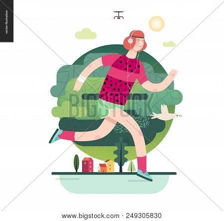 Runners - A Man Running In The Park - Flat Vector Concept Illustration Of Ginger Guy With Headphones